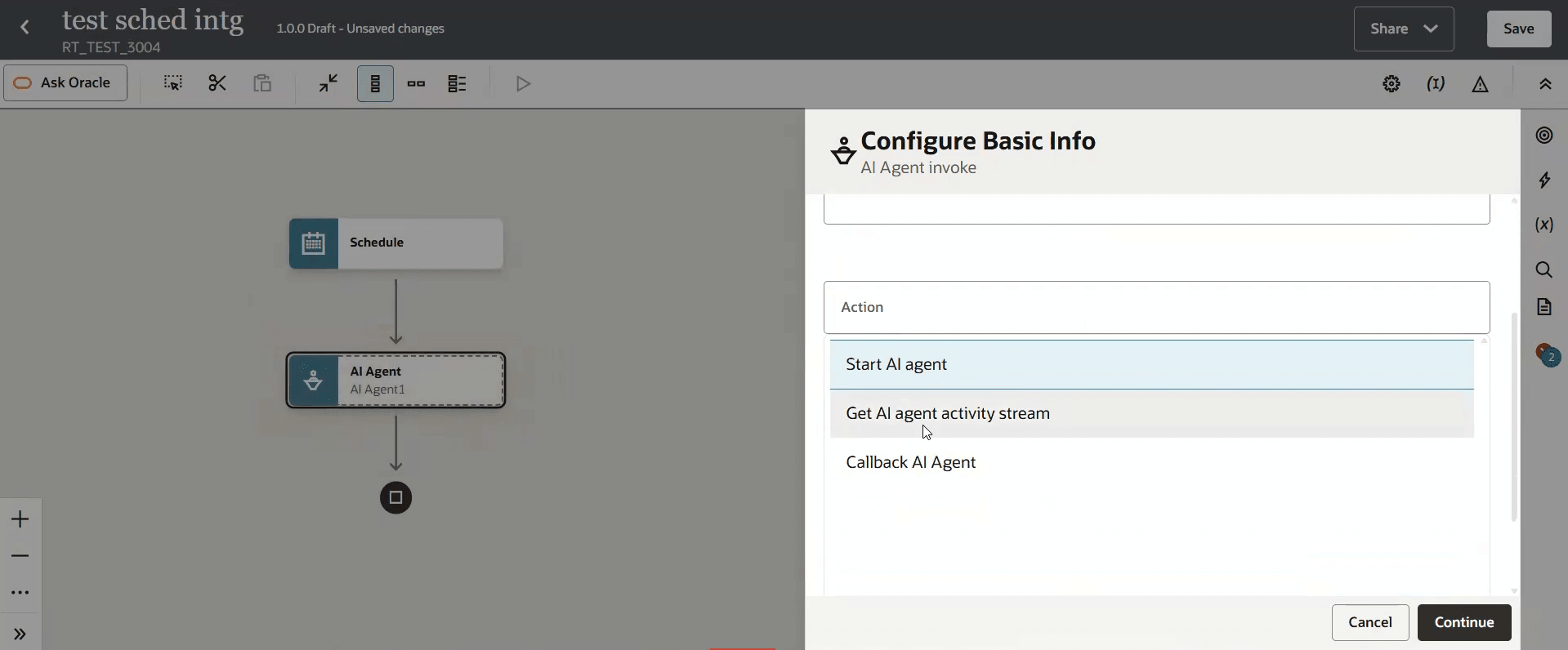 Configure Basic Info panel for an AI Agent invoke action with Get AI agent activity stream selected from the Action list.