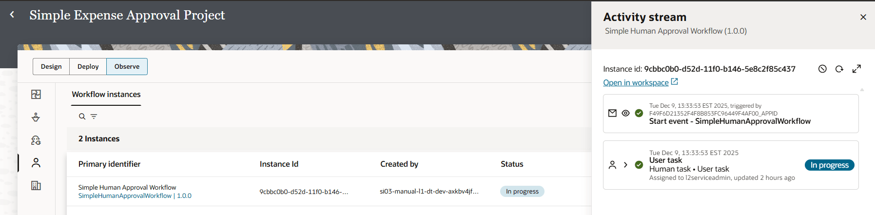 The activity stream showing details for the start event and user task activities in the workflow.