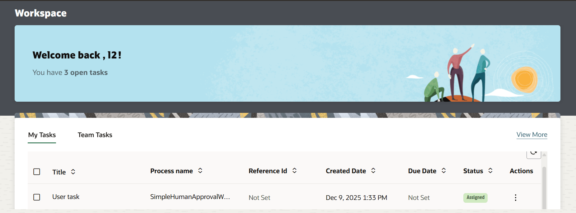 Workspace welcome screen A blue banner at the top greets the user and states they have 3 open tasks. Below, the "My Tasks" tab is active, displaying a task list table with columns for Title, Process name, Reference Id, Created Date, Due Date, Status, and Actions. One task is shown with the title "User task," linked to the process "SimpleHumanApprovalW..., currently assigned, A "View More" link appears in the upper right of the table.
