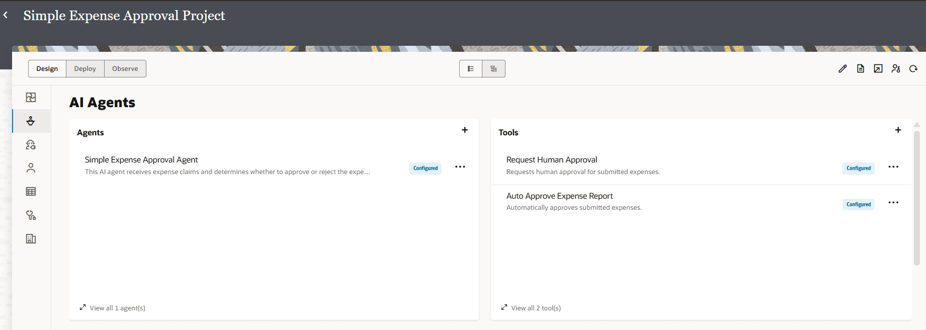 Simple Expense Approval Project" under the Design tab. The main area shows two columns: on the left, four integrations—Auto Approve Expense Report, Request Human Approval, ReAct Pattern Intg, and Get Tool Data—each with version 1.0.0, status indicators (Active or Configured), and additional action menus. On the right, four connections—REST_TRIGGER_FOR_HUMAN_APPROVAL, LLM_Connection, REST Connection, and REST_TRIGGER_FOR_AUTO_APPROVAL—are listed with their types (Trigger or Invoke) and status as Configured. The header contains project details, a search bar, design tools, and navigation icons. The left sidebar provides project navigation options.
