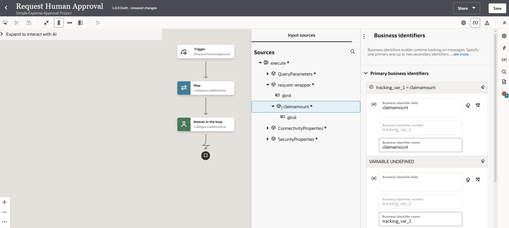 The Sources section shows TemplateParameters expanded. The claimamount element has been dragged to the Primary business identifier name field. The Sources section shows TemplateParameters expanded. The claimamount element has been dragged to the Primary business identifier name field.