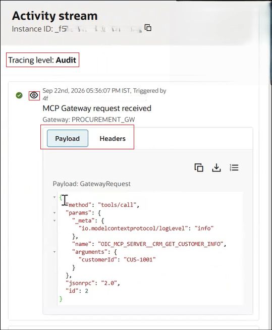 Request payload for tracing level, Audit.
