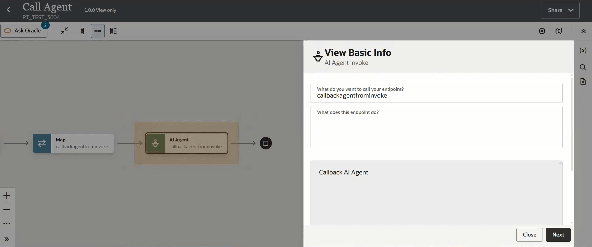 Basic Info panel an AI Agent action with Callback AI Agent selected as the operation.