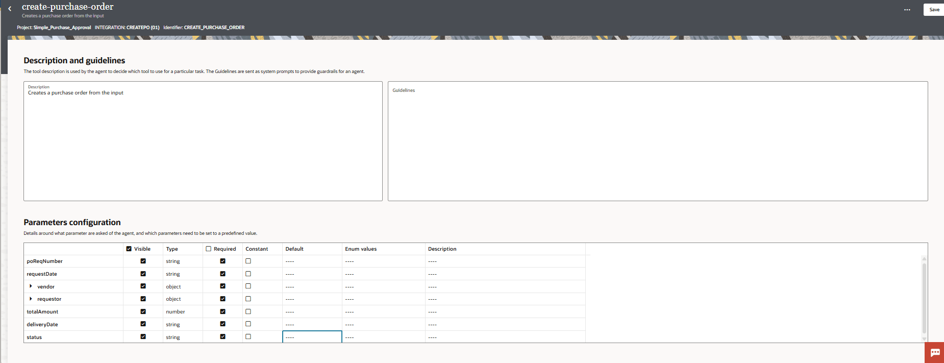The Tools details page has a Description and guidelines section and a Parameters configuration section. In the Description and guidelines section, there are two text fields Description, Guidelines. In the Parameters configuration section, there is a parameter table listing all parameters for the tool. The first column contains the parameter name, and subsequent columns are Visible, Type, Required, Constant, Default, Enum Values, Description. The Tools details page has a Description and guidelines section and a Parameters configuration section. In the Description and guidelines section, there are two text fields Description, Guidelines. In the Parameters configuration section, there is a parameter table listing all parameters for the tool. The first column contains the parameter name, and subsequent columns are Visible, Type, Required, Constant, Default, Enum Values, Description.