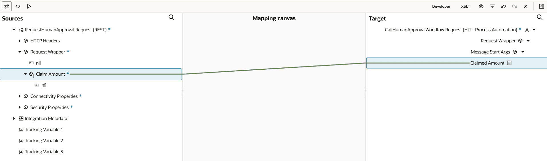 Mapping canvas for connecting data between sources and targets. The left panel (Sources) lists elements from the RequestHumanApproval REST request, including HTTP Headers, Request Wrapper, Claim Amount, Connectivity Properties, Security Properties, and integration metadata. The right panel (Target) displays elements from the CallHumanApprovalWorkflow HITL Process Automation request, specifically Message Start Args and Claimed Amount. A mapping line links Claim Amount in the source to Claimed Amount in the targe. The interface includes search and developer mode in the top menu. Mapping canvas for connecting data between sources and targets. The left panel (Sources) lists elements from the RequestHumanApproval REST request, including HTTP Headers, Request Wrapper, Claim Amount, Connectivity Properties, Security Properties, and integration metadata. The right panel (Target) displays elements from the CallHumanApprovalWorkflow HITL Process Automation request, specifically Message Start Args and Claimed Amount. A mapping line links Claim Amount in the source to Claimed Amount in the targe. The interface includes search and developer mode in the top menu.