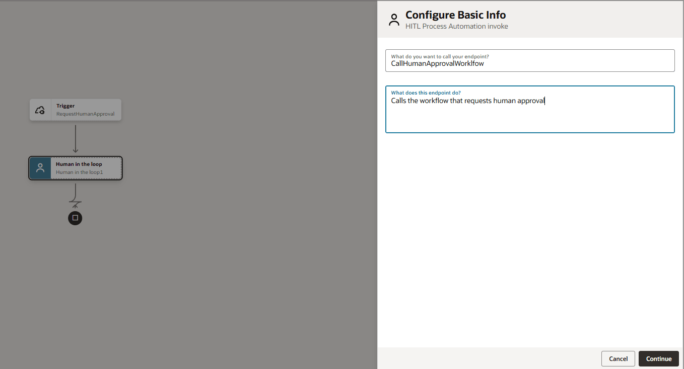 Configure Basic Info” screen for invoking a human in the loop workflow. The left side shows a workflow diagram with a trigger labeled “RequestHumanApproval,” connected to a “Human in the loop” activity, which leads to an end event. The right side contains a form with fields for the endpoint name (“CallHumanApprovalWorkflow”) and a description (“Calls the workflow that requests human approval”). Cancel and Continue buttons are at the bottom. Configure Basic Info” screen for invoking a human in the loop workflow. The left side shows a workflow diagram with a trigger labeled “RequestHumanApproval,” connected to a “Human in the loop” activity, which leads to an end event. The right side contains a form with fields for the endpoint name (“CallHumanApprovalWorkflow”) and a description (“Calls the workflow that requests human approval”). Cancel and Continue buttons are at the bottom.