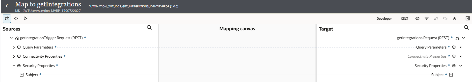 Oracle Integration mapper showing the “Map to getIntegrations” flow, with the required Subject security property mapped directly from the REST trigger request source to the Subject element of the getIntegrations REST request target.