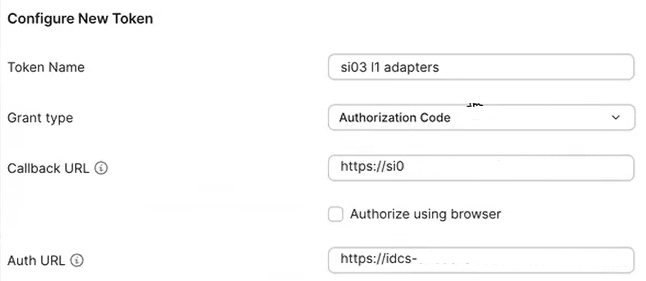Screenshot of the Configure New Token form with the token name and grant type of Authorization code. Below this are the callback URL, and Auth URL values.