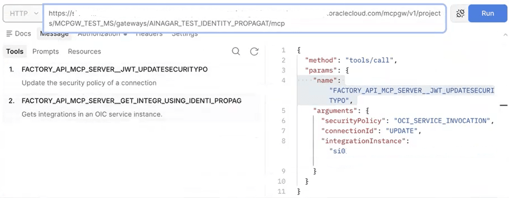 Screenshot of an MCP API client showing tools to update a connection’s security policy and retrieve OIC integrations. The JSON request calls the security policy update tool with securityPolicy set to OCI_SERVICE_INVOCATION and connectionId set to UPDATE. The endpoint URL and integration instance are also shown.