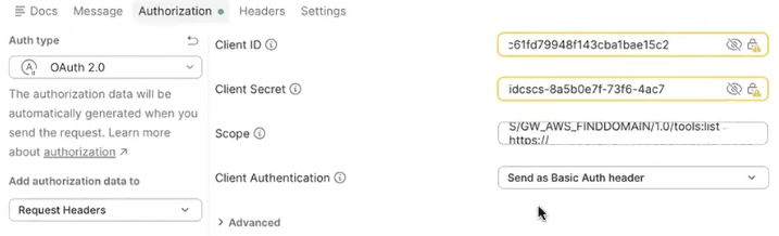 OAuth 2.0 authorization settings showing the client ID and secret, and the two scopes. The client authentication is set to “Send as Basic Auth header.” Authorization data is added to request headers.