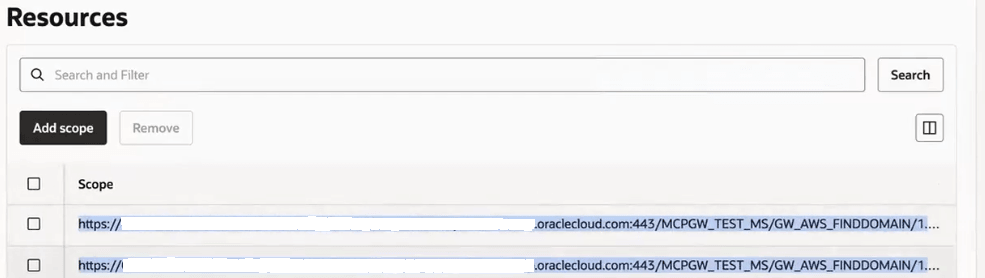 The Resources section shows the Add scope and Remove buttons. Under Scope, the two scopes are listed.