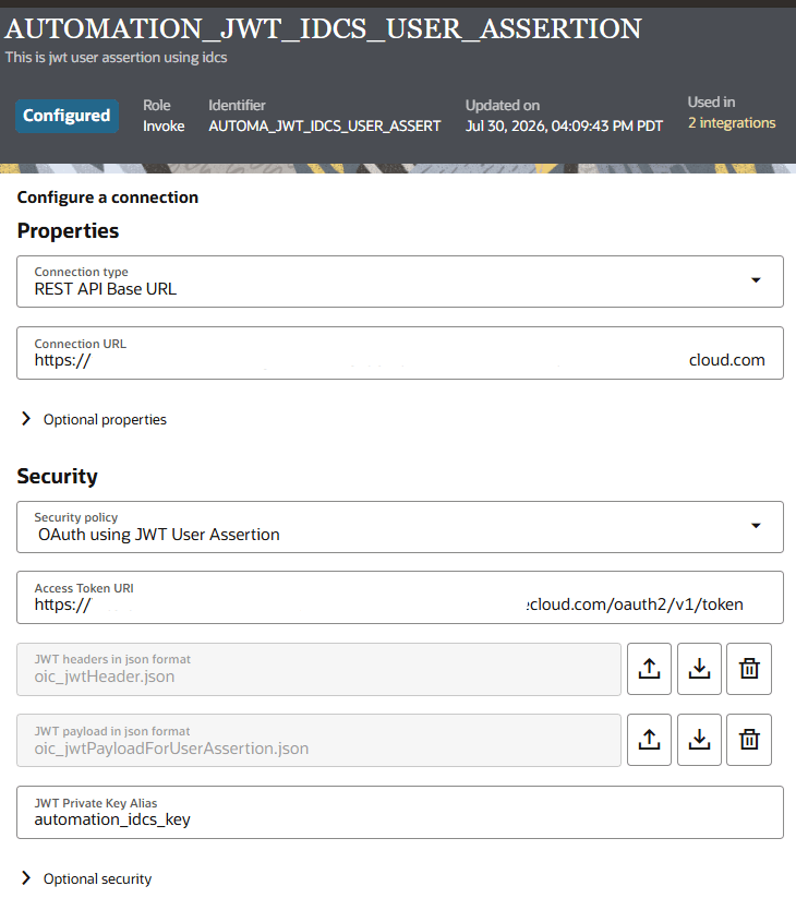 Oracle Integration connection configuration for AUTOMATION_JWT_IDCS_USER_ASSERTION, using a REST API base URL and OAuth using JWT User Assertion security policy. JWT header and payload JSON files are attached, with a JWT private key alias named automation_idcs_key.