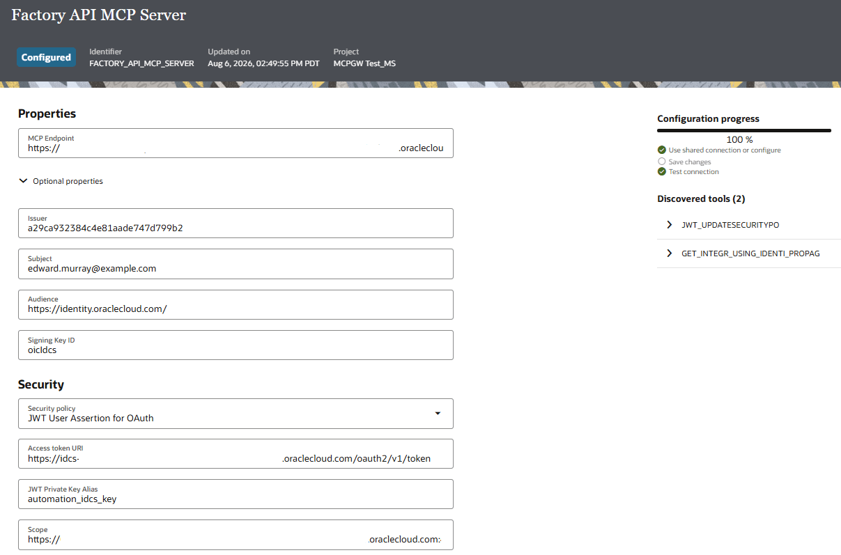 The configured Factory API MCP Server is shown. Properties fields are shown for MCP Endpoint, Issuer, Subject, Audience, and Signing Key ID. In the Security section, the JWT User Assertion for OAuth security policy is selected. Fields are shown below this for Access token URI, JWT Private Key Alias, and Scope. The sidebar shows 100% configuration progress, a successful connection test, and two discovered tools.