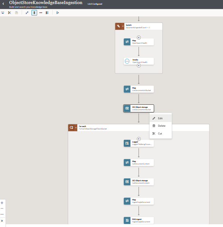 The … menu of the Map icon is clicked to display options for Edit (selected), Delete, Cut. The OCI Object Storage action is selected.