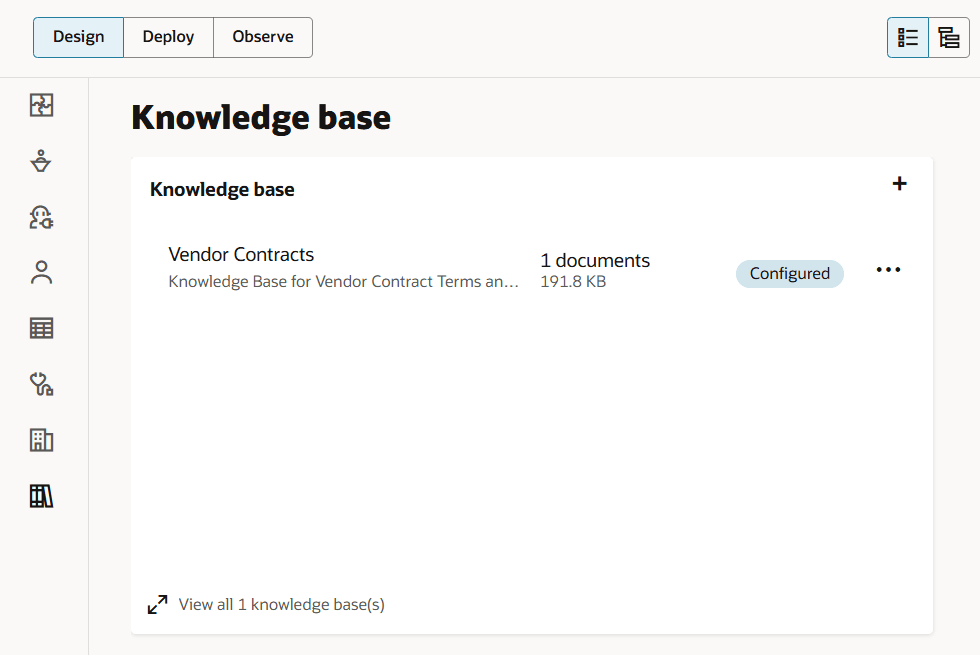 Knowledge base page listing all knowledge bases with number of documents and size.