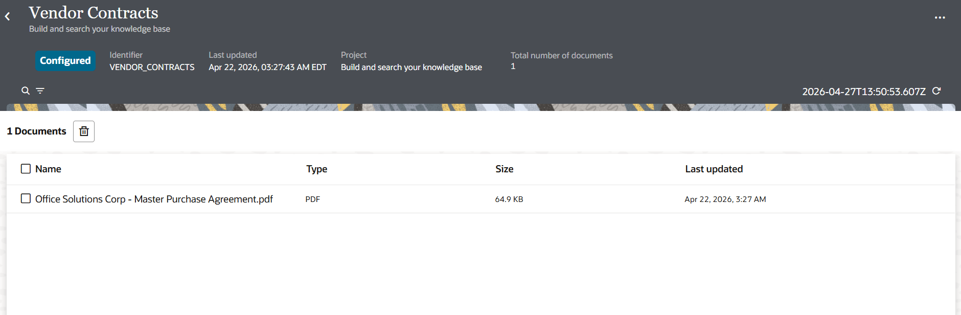 Knowledge base details page listing a knowledge base with 1 document and status set to “Configured.”