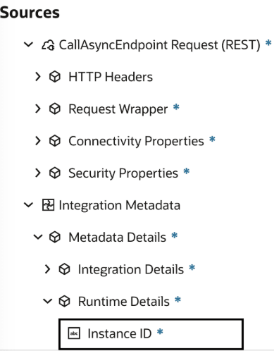 A “Sources” tree view shows a REST call configuration. “CallAsyncEndpoint Request (REST)” is expanded with collapsed items for HTTP Headers, Request Wrapper, Connectivity Properties, and Security Properties. “Integration Metadata” is expanded, revealing “Metadata Details,” then “Integration Details” and “Runtime Details.” Under Runtime Details, “Instance ID” is selected with a black outline. Required fields are marked with blue asterisks.