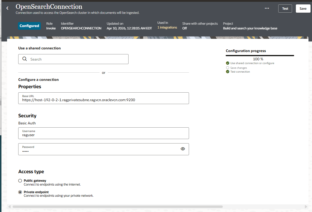OpenSearch Connection page showing a configured connection to an OCI Search with OpenSearch cluster, with base URL, username and password fields, private endpoint selected.