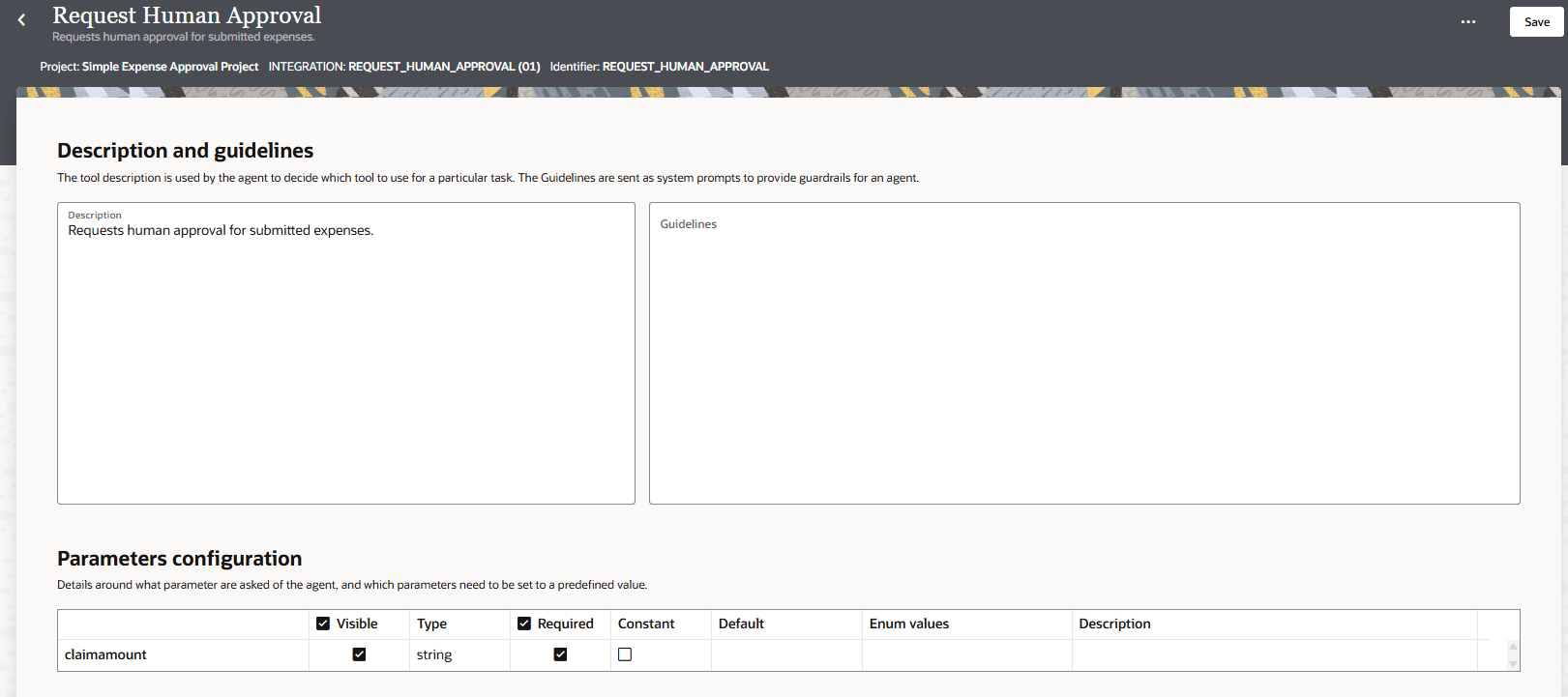 Request Human Approval tool details page showing a description that reads "Requests human approval for submitted expenses." The guidelines section is empty. Below, the Parameters configuration table lists one parameter, "claimamount," which is visible, required, and of type string. Other columns for constant, default, enum values, and description are empty.