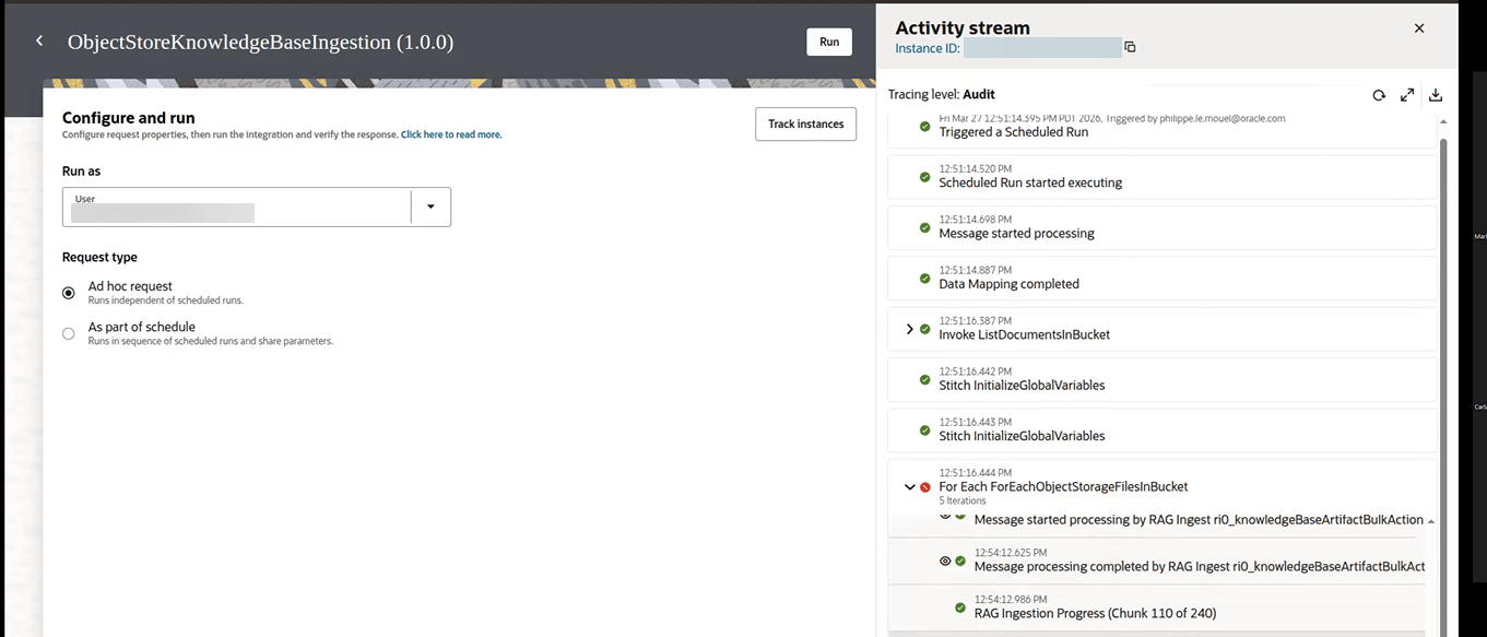 OCI Object Storage ingestion integration run showing steps; one error in RAG ingest artifact processing within loop execution activity stream.