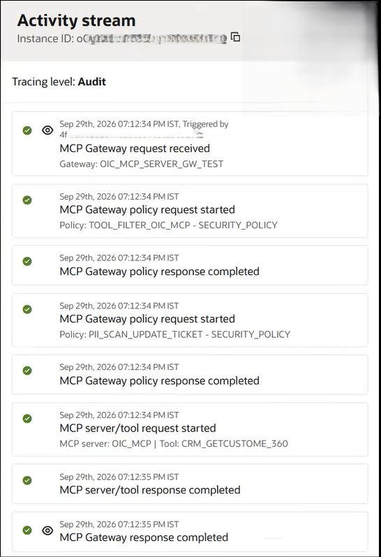 The activity stream for the MCP gateway instance are displayed.