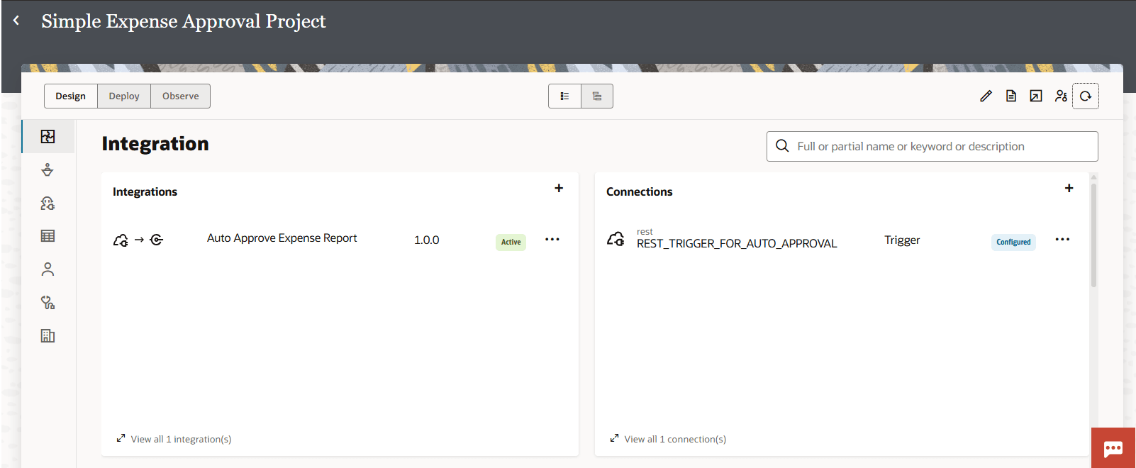 Simple Expense Approval Project dashboard in Design view. The Integrations section shows "Auto Approve Expense Report" version 1.0.0 as active. The Connections section lists "REST_TRIGGER_FOR_AUTO_APPROVAL" as a configured REST trigger. Search bar and navigation icons are visible at the top.