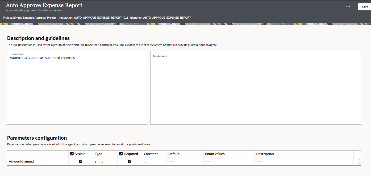 Auto Approve Expense Report tool details page showing a description that reads "Automatically approves submitted expenses." The guidelines section is empty. Below, the Parameters configuration table lists one parameter, "AmountClaimed," which is visible, required, and of type string. Other columns for constant, default, enum values, and description are empty.
