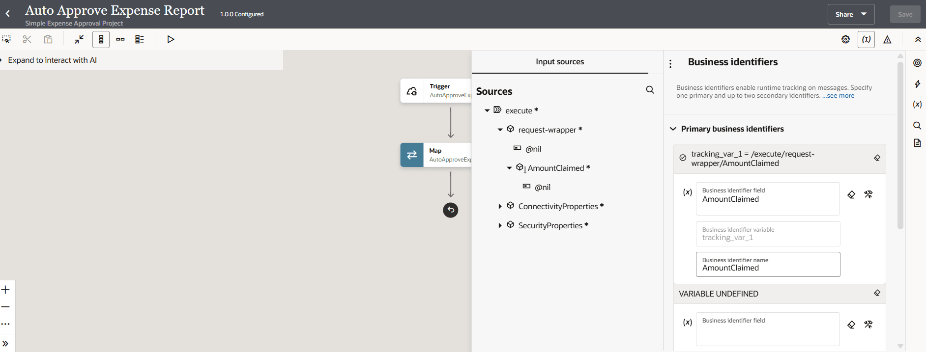 The Sources section shows TemplateParameters expanded. The AmountClaimed element has been dragged to the Business identifier name field. Above this field is the Business identifier variable field with tracking_var_1 as the value. Above this is the Business identifier field with a value of name. Two icons appear to the right of this field. All these fields are in the Primary business identifiers panel.