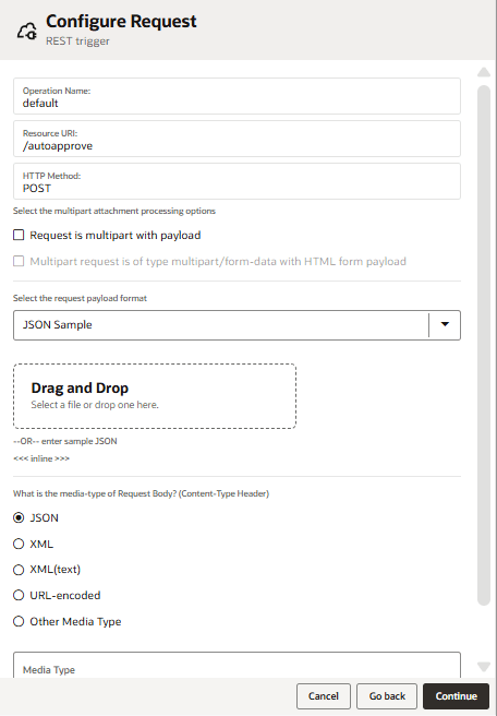Configure Request screen for a REST trigger. Operation name is "default", resource URI is "/autoapprove", HTTP method is POST. Multipart options are visible but not selected. Request payload format is set to "JSON Sample." "JSON" is selected as the media type. "Continue" button is highlighted.