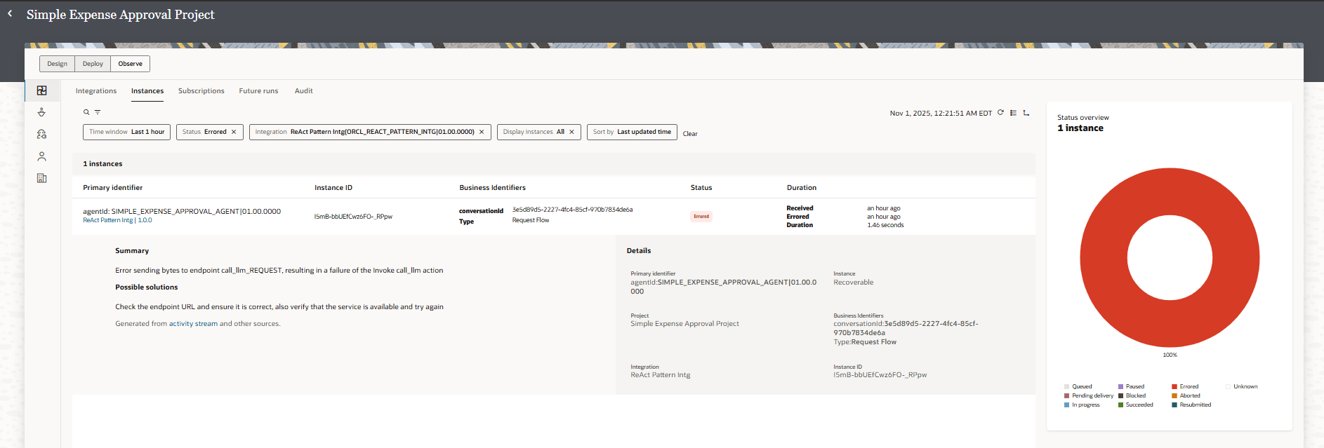 Simple Expense Approval Project "Observe" tab with "Instances" selected. Filters are set to the last 1 hour, status "Errored," and integration "ReAct Pattern Intg (1.0.0)." One instance is displayed, showing an error due to a failed endpoint call. Simple Expense Approval Project "Observe" tab with "Instances" selected. Filters are set to the last 1 hour, status "Errored," and integration "ReAct Pattern Intg (1.0.0)." One instance is displayed, showing an error due to a failed endpoint call.
