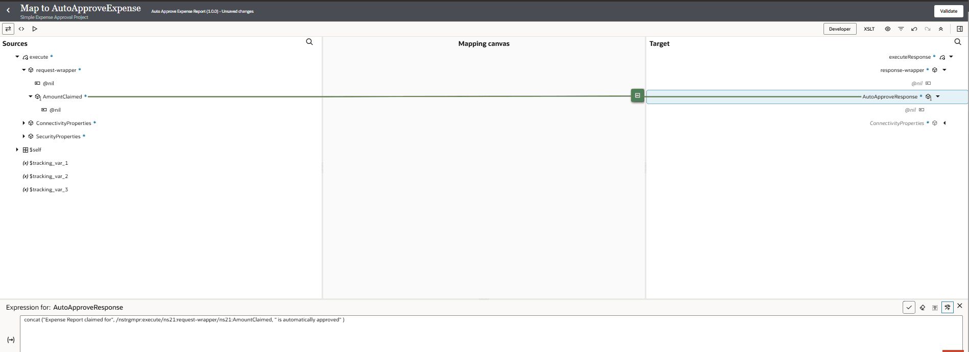 mapping editor screen showing "AmountClaimed" from the source mapped to "AutoApproveResponse" in the target. An expression for AutoApproveResponse concatenates a message with the claimed amount. The source, mapping canvas, and target panels are shown.