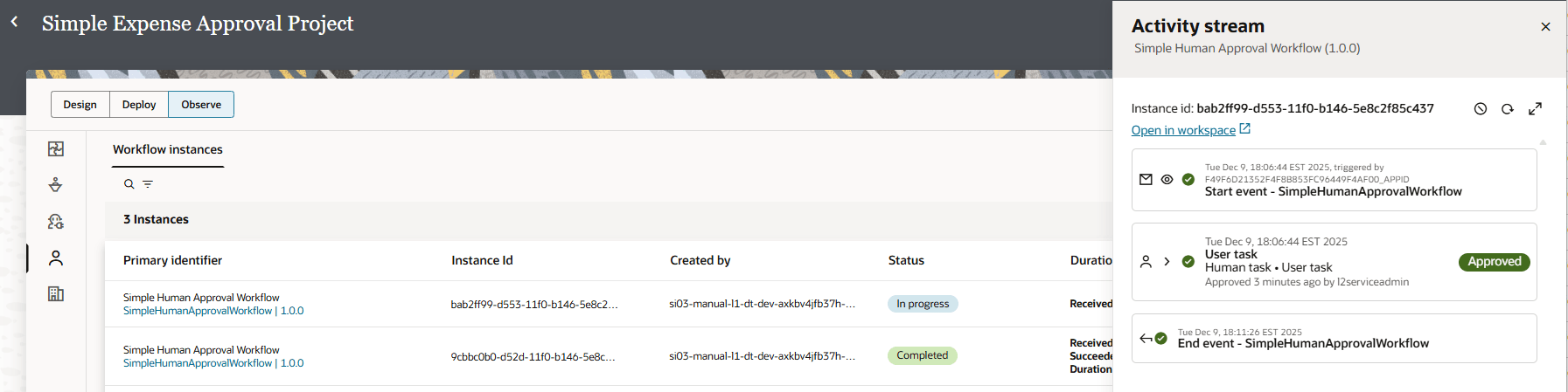 The activity stream showing details for the start event, end event, and user task activities in the workflow.