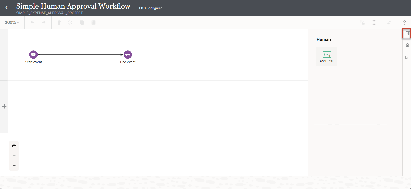 The main canvas shows a simple sequence with a start event (envelope icon) labeled “Start event” connected by a straight arrow to an end event (circular arrow icon) labeled “End event.” On the right, the palette panel is open, showing options to add workflow elements: under "Human" is “User Task”, The top bar displays the workflow name, project, and version. The interface includes standard toolbar controls above the canvas and a vertical sidebar with icons for additional configuration on the right. The main canvas shows a simple sequence with a start event (envelope icon) labeled “Start event” connected by a straight arrow to an end event (circular arrow icon) labeled “End event.” On the right, the palette panel is open, showing options to add workflow elements: under "Human" is “User Task”, The top bar displays the workflow name, project, and version. The interface includes standard toolbar controls above the canvas and a vertical sidebar with icons for additional configuration on the right.