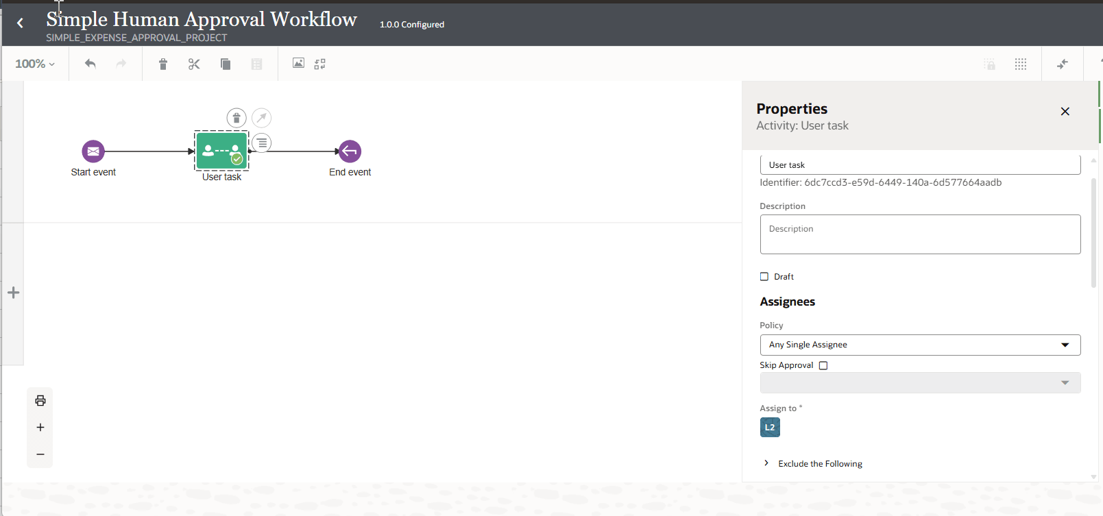 Canvas shows the “Simple Human Approval Workflow” consisting of a start event, a selected user task, and an end event. The user task in the center is highlighted with a dashed border and context buttons. On the right, the Properties panel for the user task is open, displaying fields for name, identifier, description, draft status, and assignees. The assignees section includes a policy dropdown set to “Any Single Assignee,” and an “Assign to” field set to “L2.” The interface header includes the workflow name, project, and version. Canvas shows the “Simple Human Approval Workflow” consisting of a start event, a selected user task, and an end event. The user task in the center is highlighted with a dashed border and context buttons. On the right, the Properties panel for the user task is open, displaying fields for name, identifier, description, draft status, and assignees. The assignees section includes a policy dropdown set to “Any Single Assignee,” and an “Assign to” field set to “L2.” The interface header includes the workflow name, project, and version.