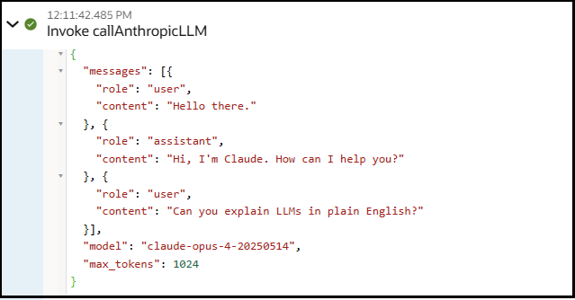 The activity stream shows the contents of the prompt sent through the invoke connection to Anthropic.