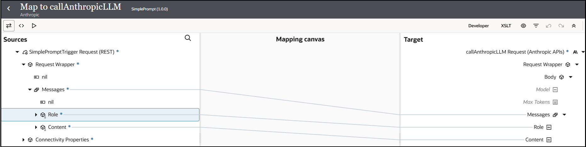 The Sources, Mapping canvas, and Target sections are shown. Role is mapped to Role and Content is mapped to Content.