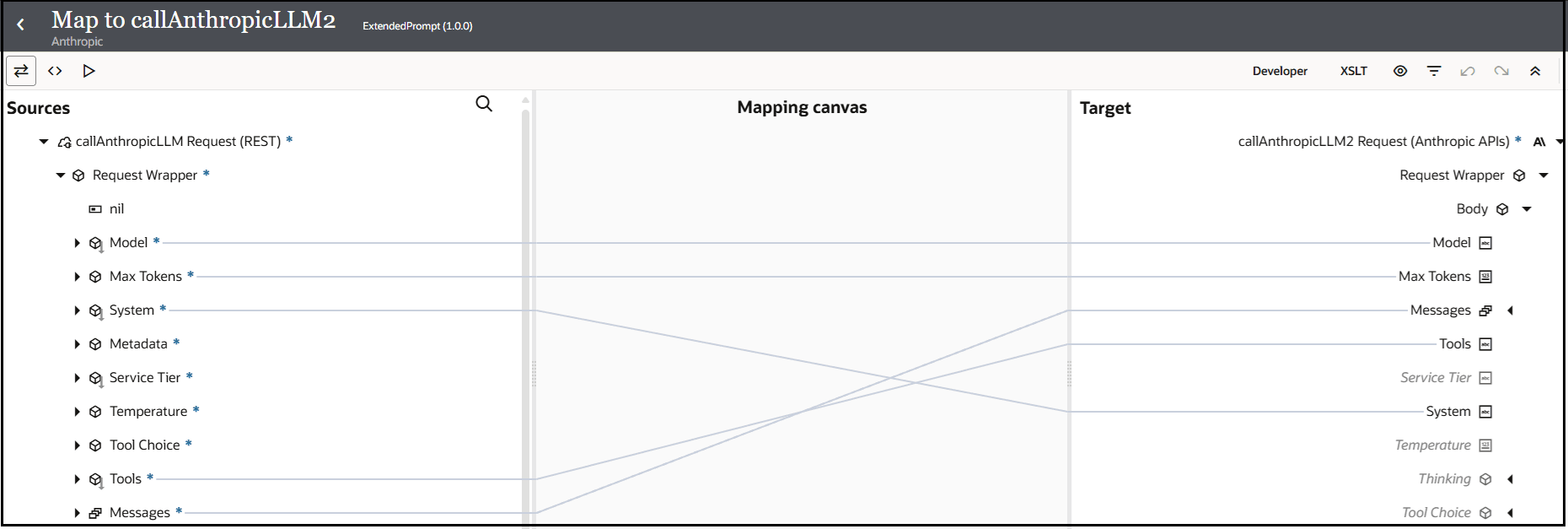 The Sources, Mapping canvas, and Target sections are shown. The source Model is mapped to the target Model. The source Max Tokens is mapped to the target Max Tokens. The source System is mapped to the target System. The source Tools is mapped to the target Tools. The source Messages is mapped to the target Messages.