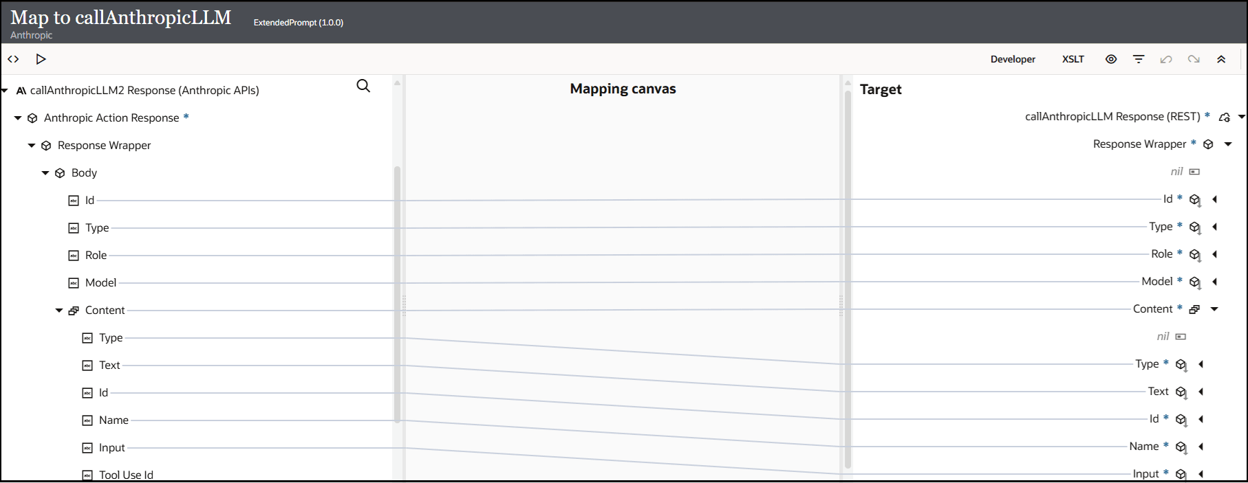 The Sources, Mapping canvas, and Target sections are shown. The elements of the source Body are mapped to the elements of the target Response Wrapper. The source Max Tokens is mapped to the target Max Tokens. The elements of the source Content are mapped to the elements of the target Content.