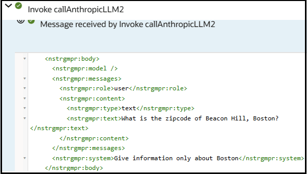 The activity stream shows the contents of the initial prompt sent through the invoke connection to Anthropic.
