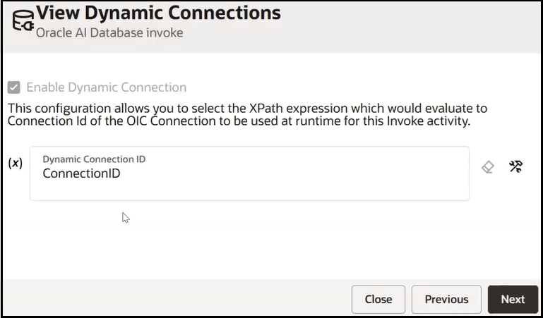 The integration canvas is shown with the Dynamic Connections page open. Enable Dynamic Connection is selected and the Dynamic Connection ID field is available for mapping.