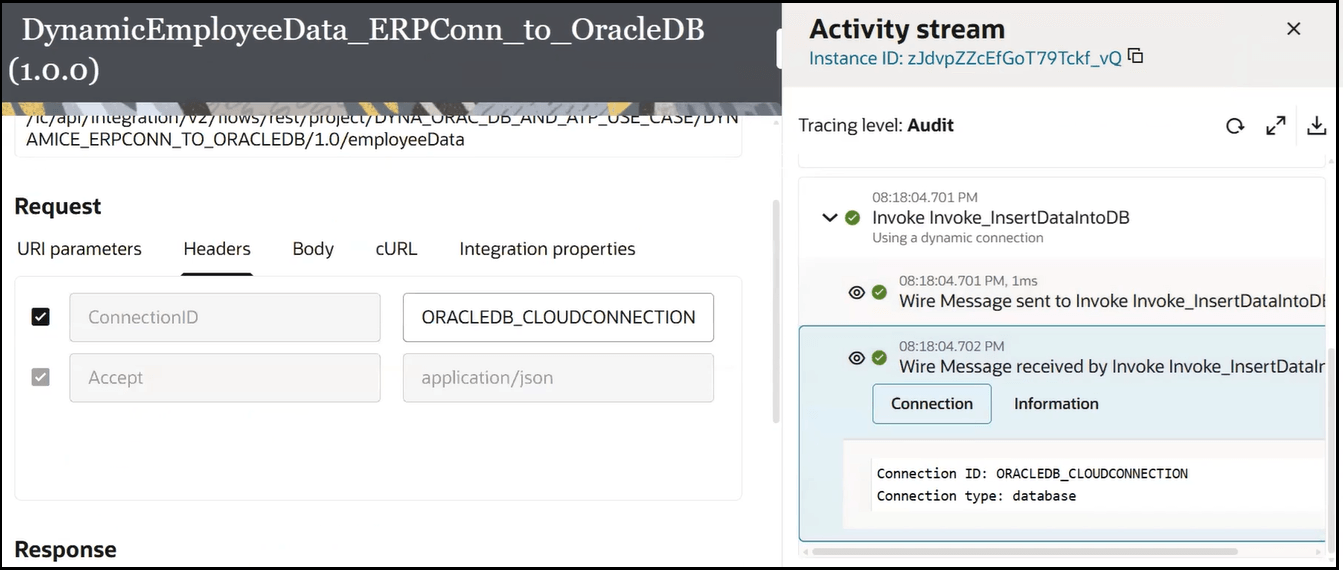 The Configure and run page shows the Request Headers tab specifying a dynamic connection ID of OracleDB_CloudConnection, which overrides the Database Adapter invoke connection configured at design time. To the right, the activity stream shows that the OracleDB_CloudConnection was invoked at runtime.
