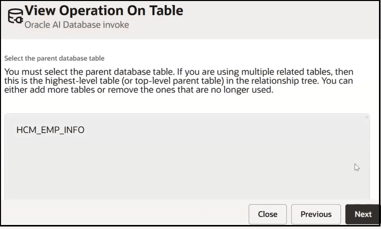 The invoke wizard, ‘View Operation On Table’ page, with HCM_EMP_INFO selected as the parent database table; Close, Previous, and Next buttons appear at the bottom.