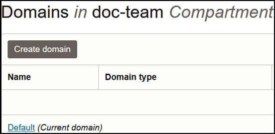The Domains page shows a Create domain button. Below this is a table with columns for Name and Domain type. Below this is a link to the current domain.