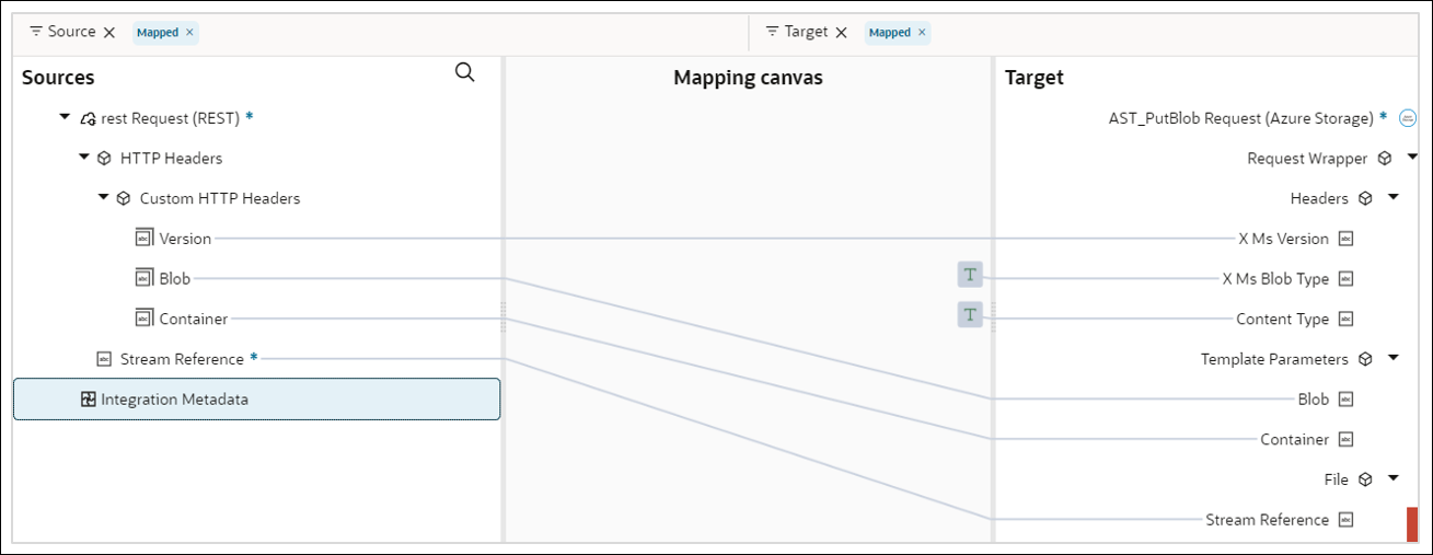 The Sources, Mapping canvas, and Target sections are shown. The Custom HTTP Headers elements and Stream Reference element are mapped to the source Azure Storage elements.