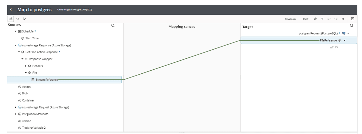 The Sources, Mapping canvas, and Target sections are shown. The source Stream Reference is mapped to the target FileReferece.