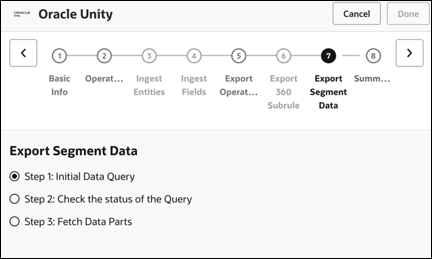 The Export Segment Config tab is selected in the left navigation pane. The page shows the Initiate Data Query, Check the status of the Query, and Fetch Part options. Initiate Data Query is selected.