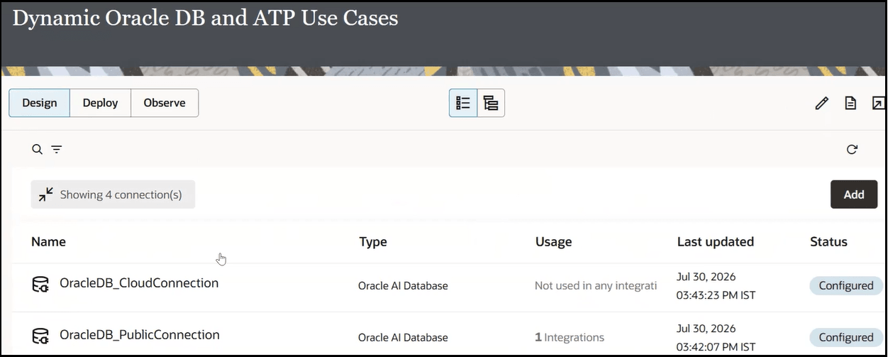 Integration canvas shows two Database Adapter invoke connections. The Dynamic Connections page is open, with Enable Dynamic Connection selected and a Dynamic Connection ID field available for mapping. Integration canvas shows two Database Adapter invoke connections. The Dynamic Connections page is open, with Enable Dynamic Connection selected and a Dynamic Connection ID field available for mapping.