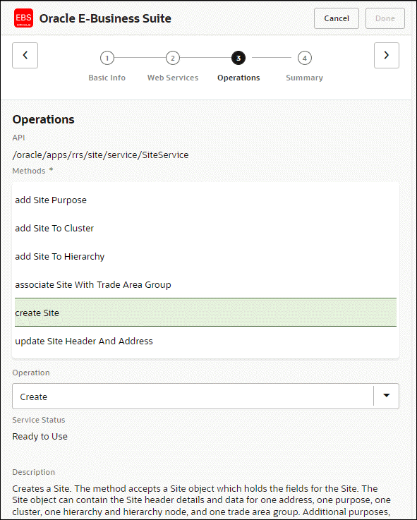 This image shows the Operations page of the Oracle E-Business Suite Adapter Endpoint Configuration Wizard. The following fields are displayed top to bottom: API, Methods, Operation, Service Status, and Description