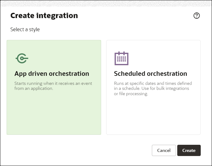 The Create integration dialog provides options for App driven orchestration and Scheduled orchestration.