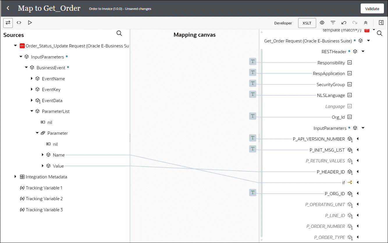 This image shows the mapper for the Get_Order activity. At the top left are the Designer, Code, and Test buttons. To the right are the Developer, XSLT, View, and Filter buttons. Below this are the Sources, Mapping Canvas, and Target sections. There are eight function icons visible in the Mapping Canvas for the corresponding elements listed in the table above.